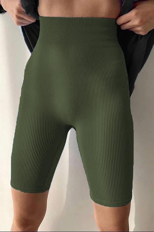 MDX Khaki Green High Waist Women's Ribbed Biker Leggings MG1675 - Wallsend