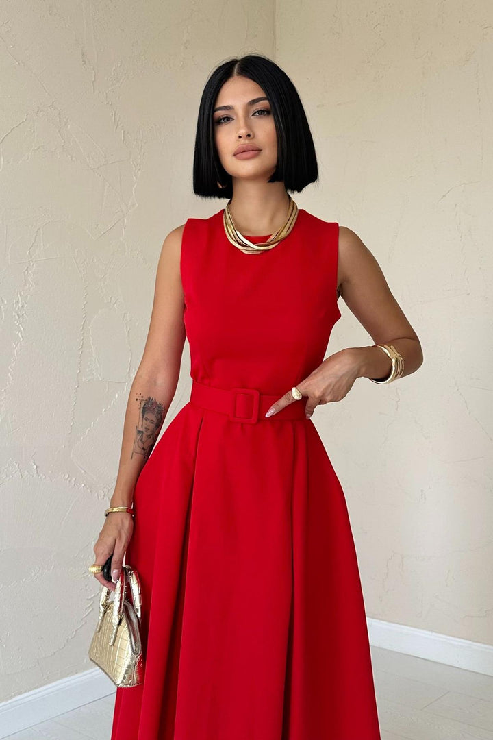 ELS Halter Neck Flared Dress - Red - Long Beach