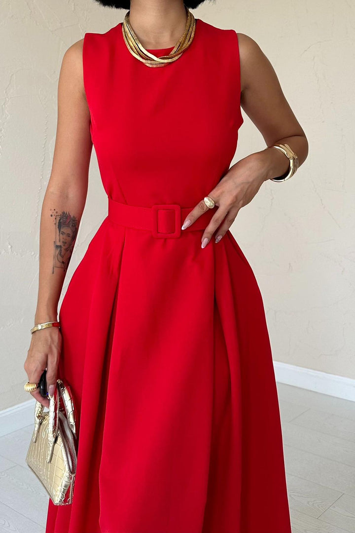 ELS Halter Neck Flared Dress - Red - Long Beach