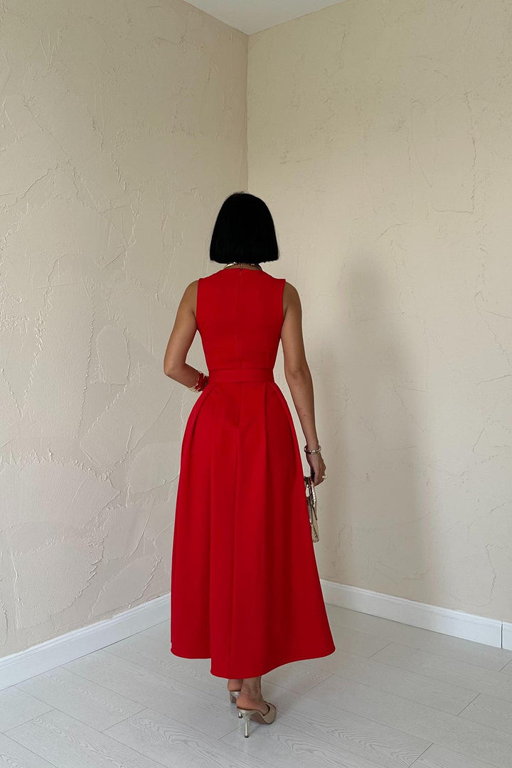ELS Halter Neck Flared Dress - Red - Long Beach