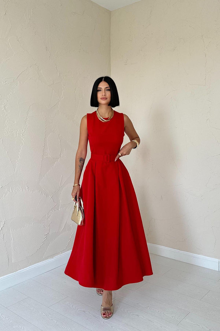 ELS Halter Neck Flared Dress - Red - Long Beach