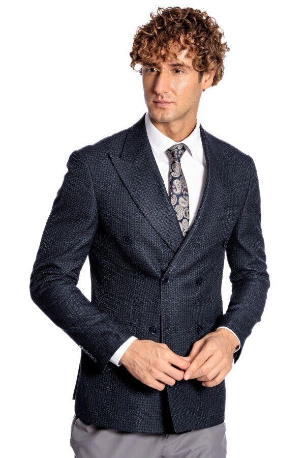 WSS Houndstooth Patterned Navy Blue Men Double Breasted Blazer  - Streamwood