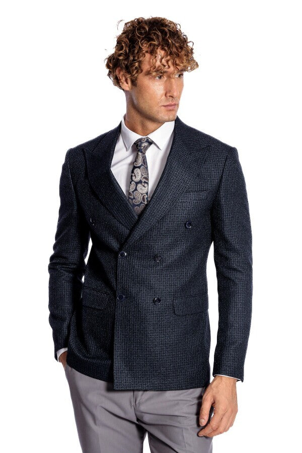 WSS Houndstooth Patterned Navy Blue Men Double Breasted Blazer  - Streamwood