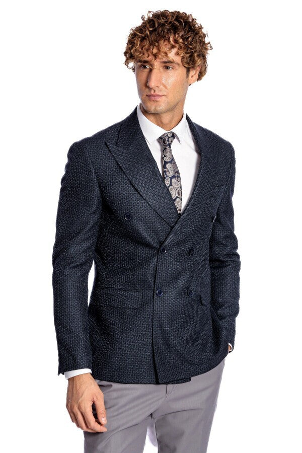 WSS Houndstooth Patterned Navy Blue Men Double Breasted Blazer  - Streamwood
