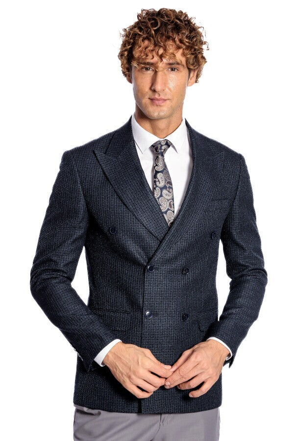 WSS Houndstooth Patterned Navy Blue Men Double Breasted Blazer  - Streamwood