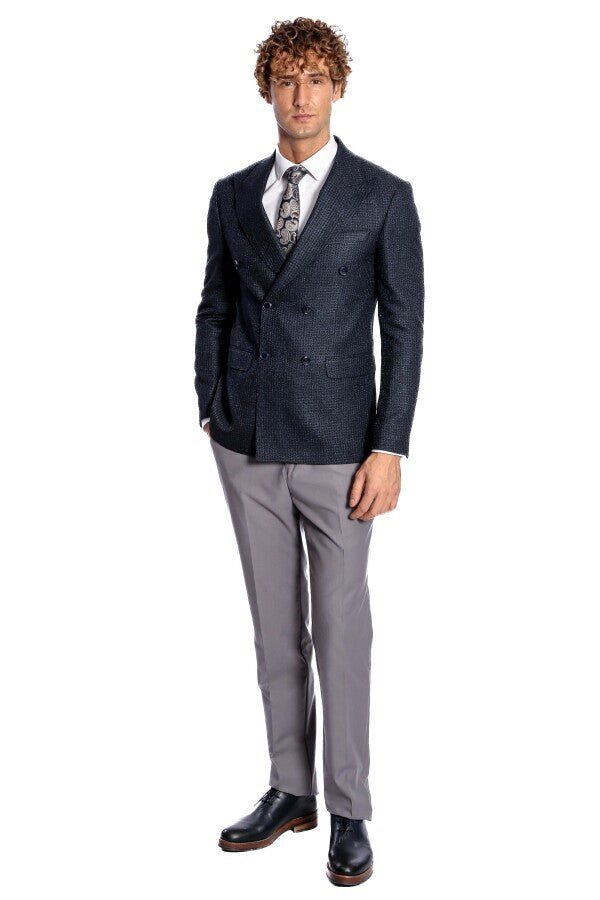WSS Houndstooth Patterned Navy Blue Men Double Breasted Blazer  - Streamwood