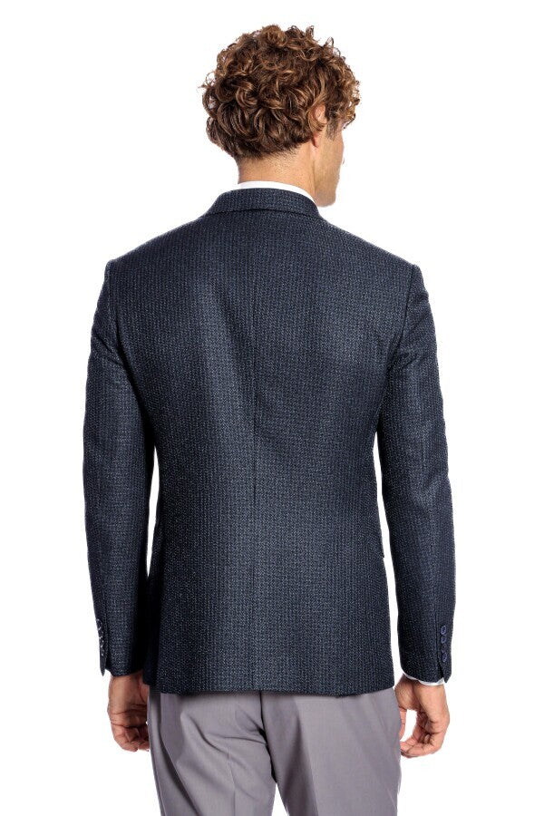 WSS Houndstooth Patterned Navy Blue Men Double Breasted Blazer  - Streamwood