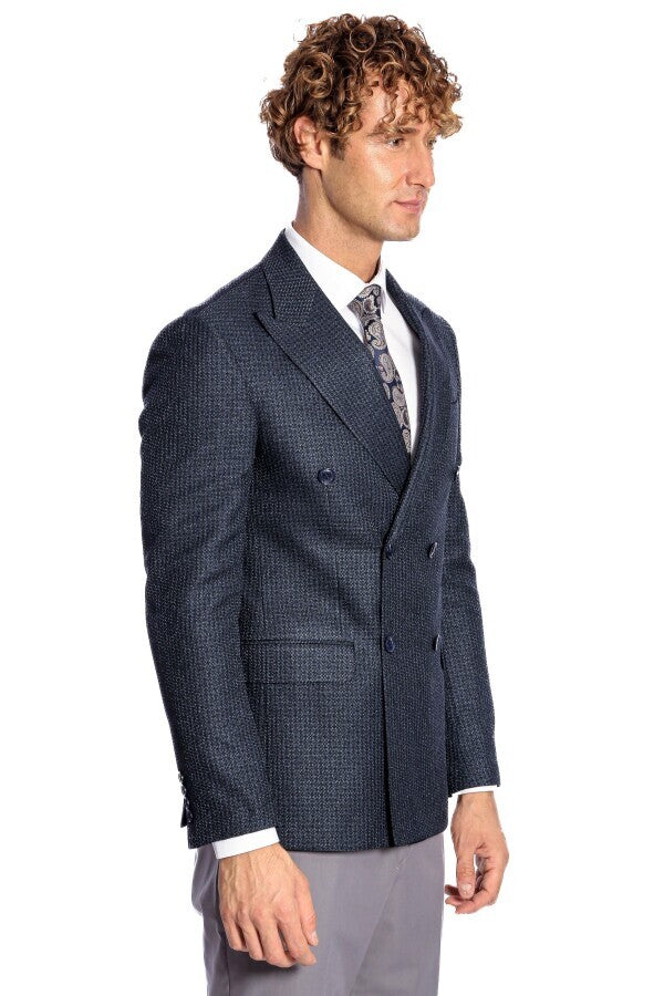 WSS Houndstooth Patterned Navy Blue Men Double Breasted Blazer  - Streamwood