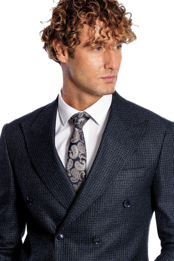 WSS Houndstooth Patterned Navy Blue Men Double Breasted Blazer  - Streamwood