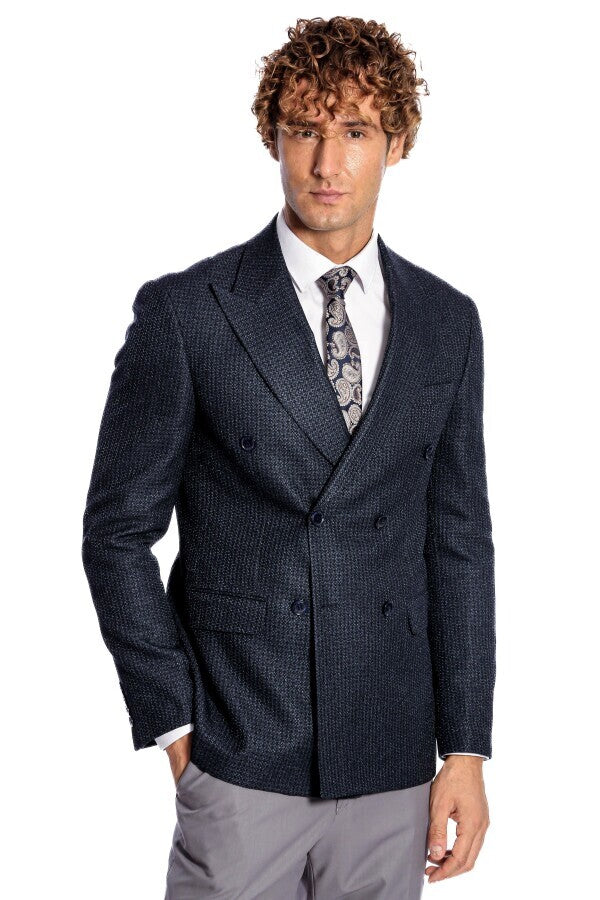 WSS Houndstooth Patterned Navy Blue Men Double Breasted Blazer  - Streamwood