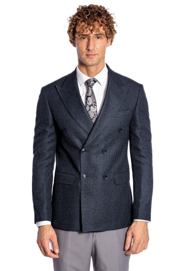 WSS Houndstooth Patterned Navy Blue Men Double Breasted Blazer  - Streamwood