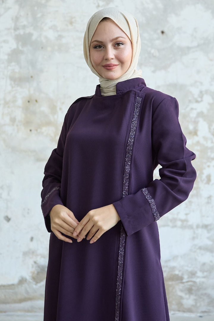 MDS Women Purple Abaya with Stone-embellished Collar and Front Scarf - New York