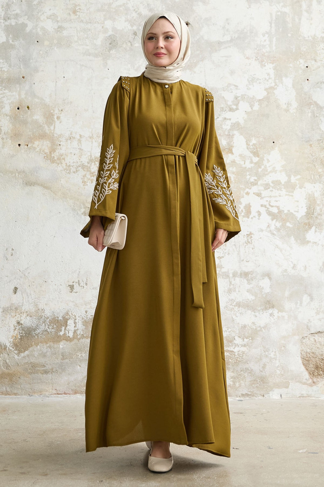 MDS Women Olive Green Abaya with Stone Embroidery on the Shoulder - Aguadilla