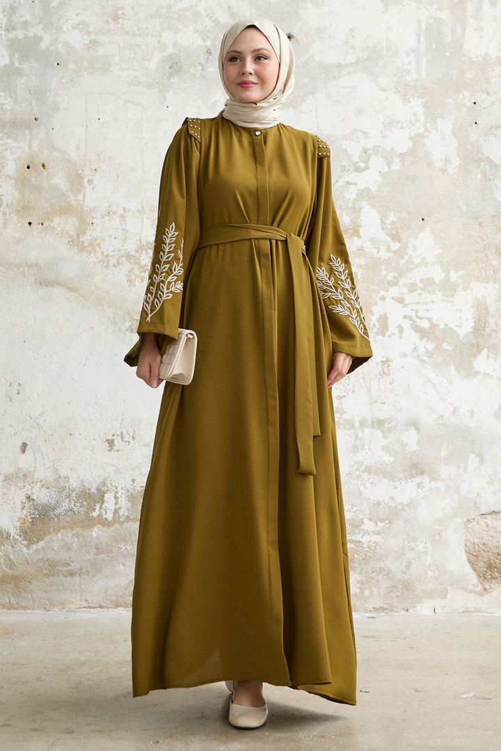 MDS Women Olive Green Abaya with Stone Embroidery on the Shoulder - Aguadilla