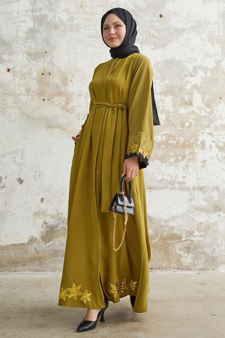 MDS Women Flower Stamp Detail Oil Green Abaya - Lompoc