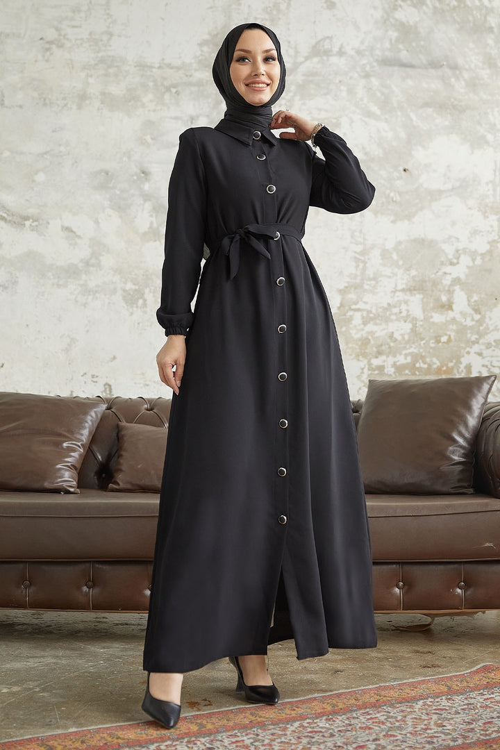 MDS Women Linny Buttoned Shirt Collar Abaya - Black - Pawtucket
