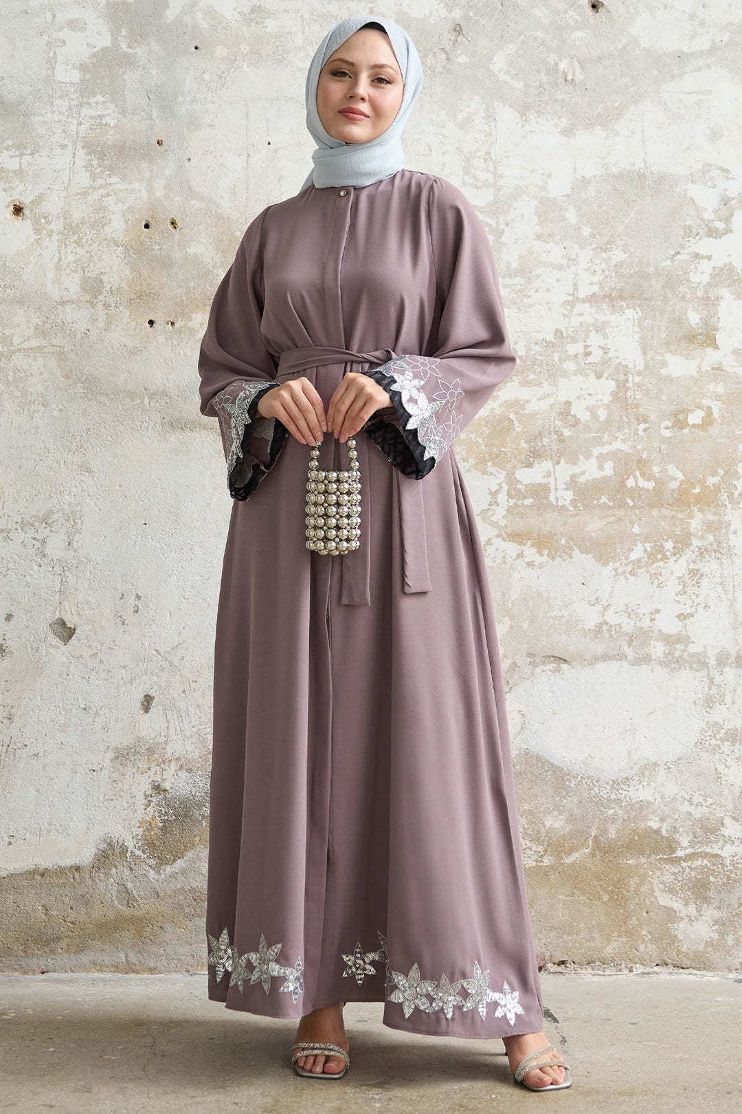 MDS Women Flower Stamp Detail Soft Lilac Abaya - Moers