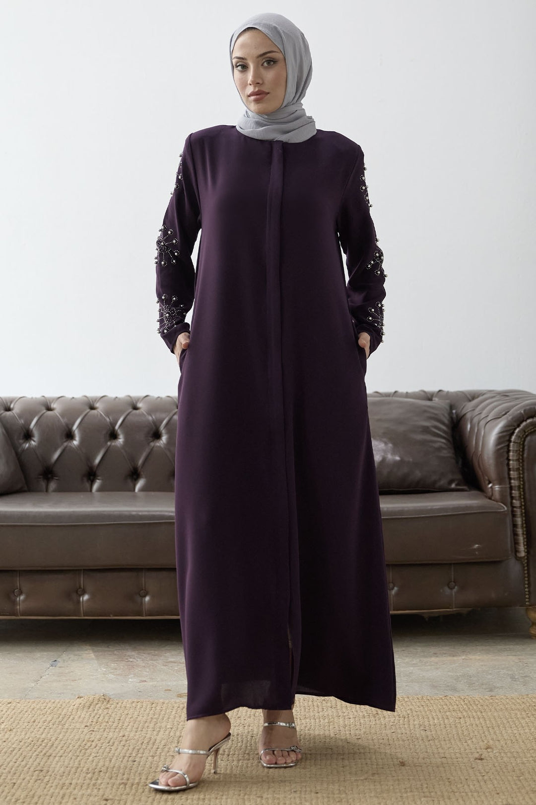MDS Women Sleeves Pearl Stone Detail Abaya - Purple - Elgin