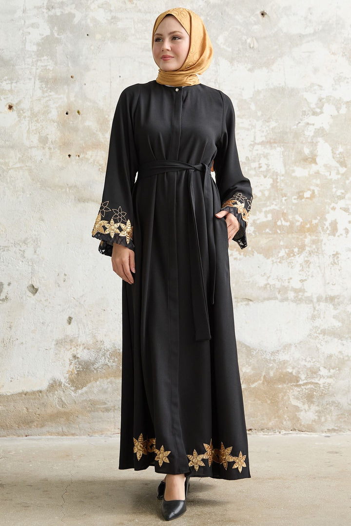 MDS Women Flower Stamp Detail Black Abaya - Schaumburg