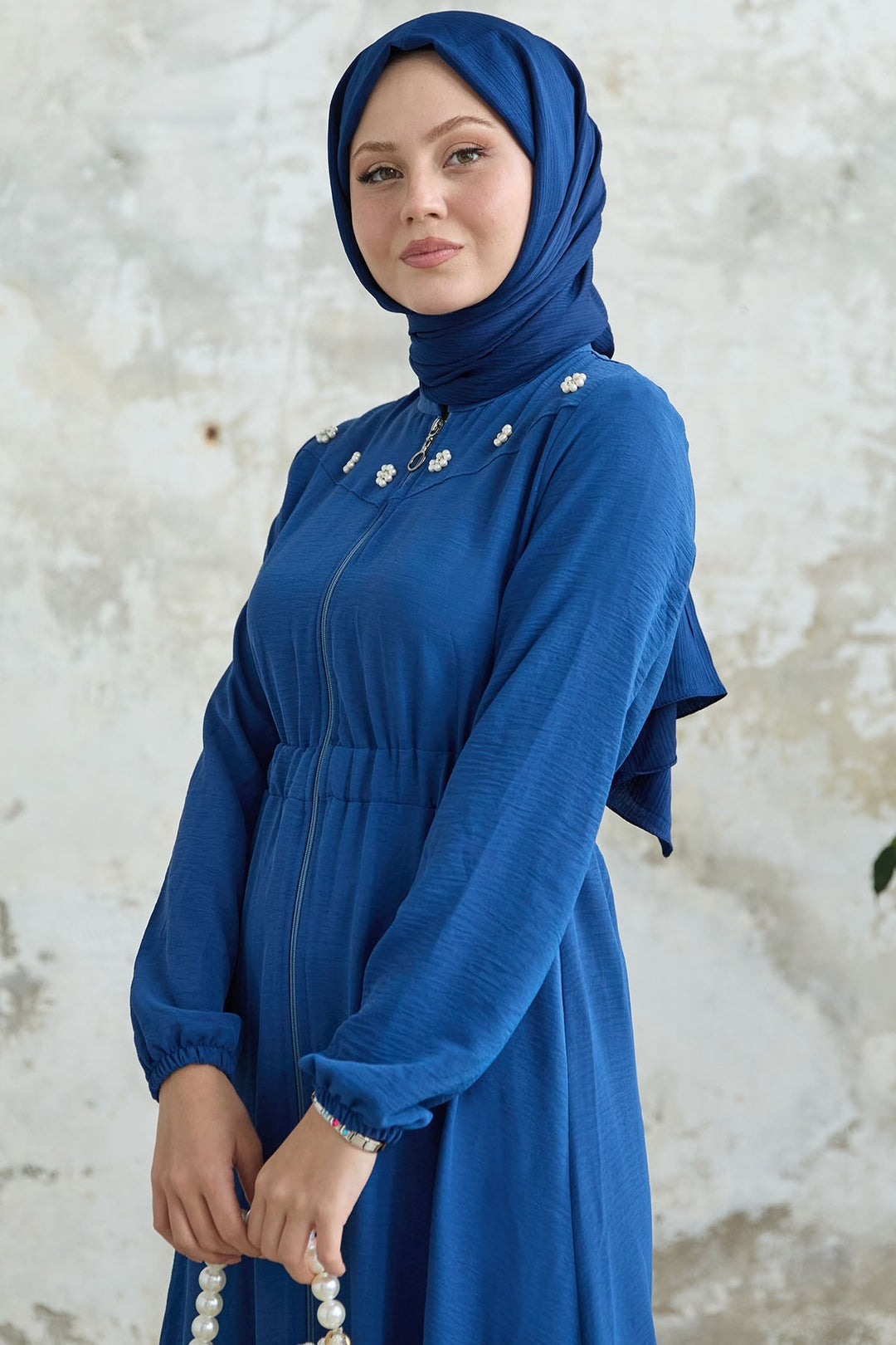 MDS Women Flower Pearl Embellished Elastic Waist Blue Abaya - Bitterfeld