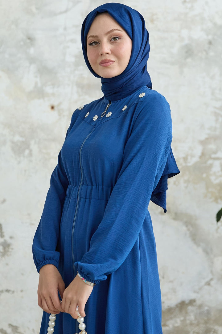 MDS Women Flower Pearl Embellished Elastic Waist Blue Abaya - Bitterfeld