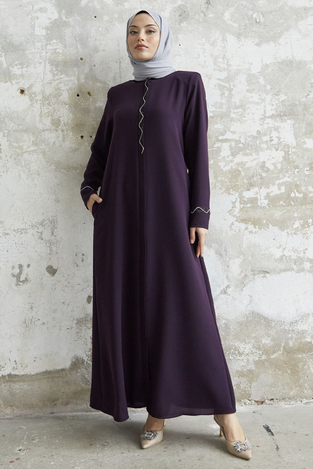 MDS Women Spiral Stone Detailed Honeycomb Abaya - Purple - Hildesheim