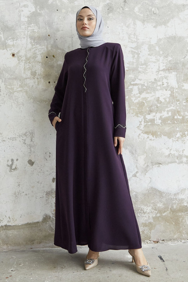 MDS Women Spiral Stone Detailed Honeycomb Abaya - Purple - Hildesheim