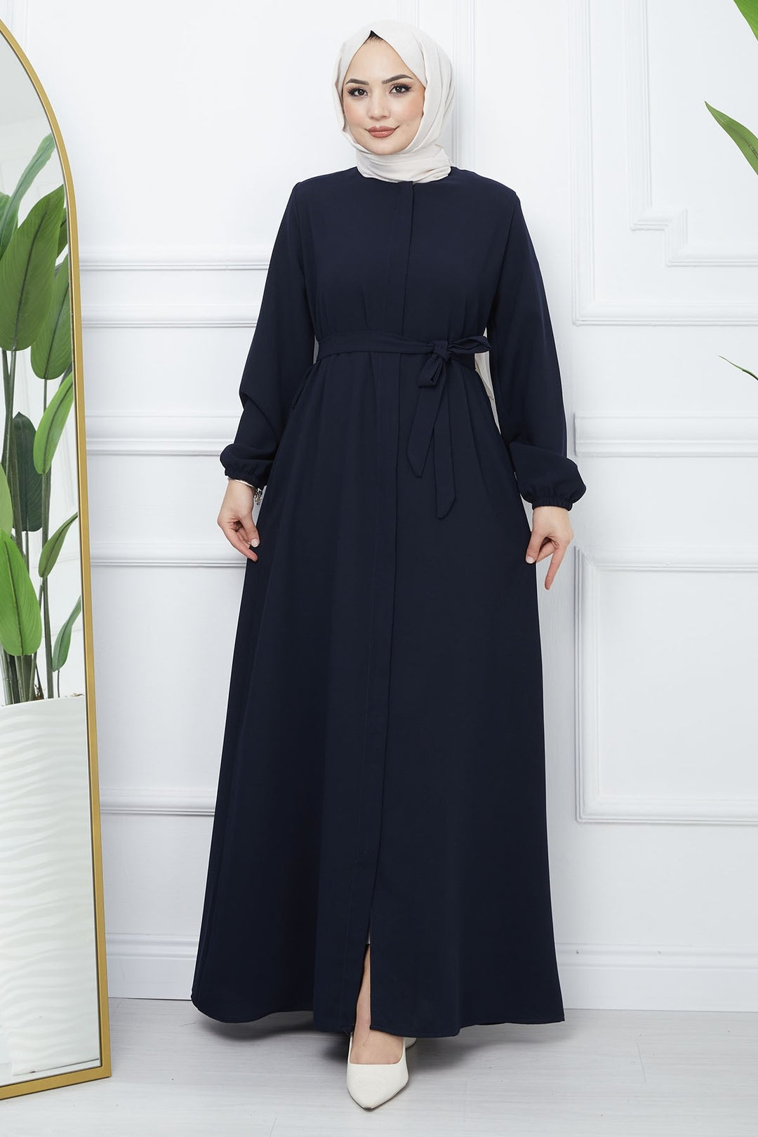 MDS Women Belted Honeycomb Fabric Abaya - Navy - Martinez