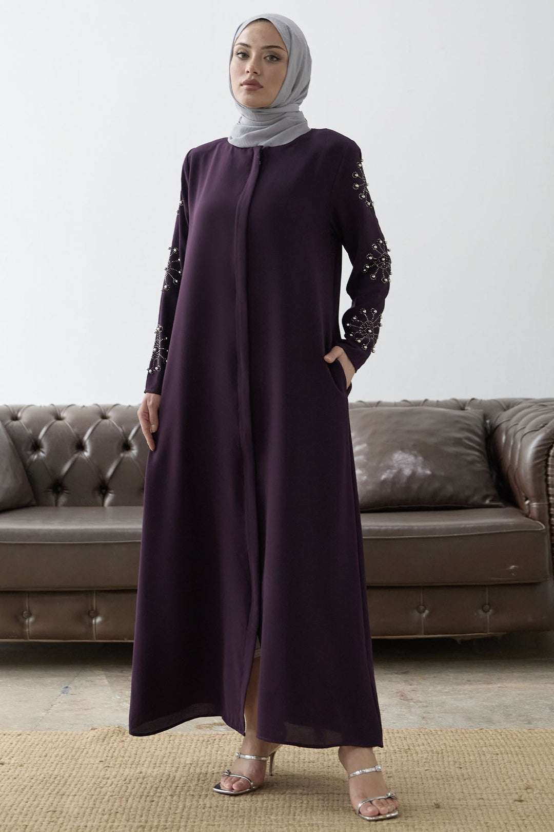 MDS Women Sleeves Pearl Stone Detail Abaya - Purple - Elgin