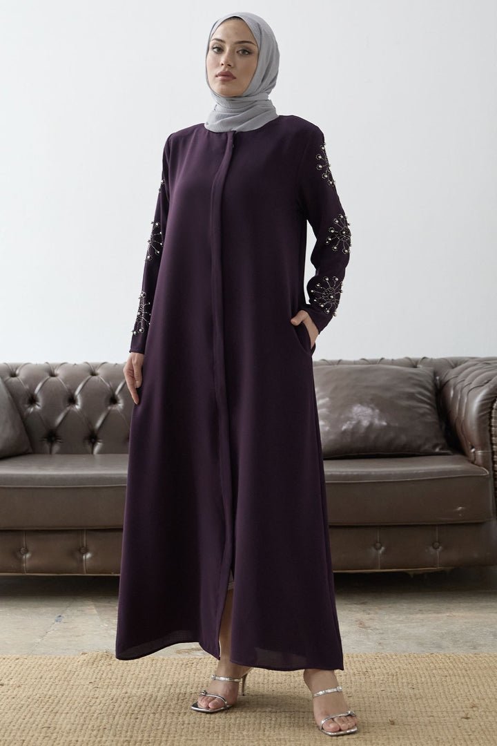 MDS Women Sleeves Pearl Stone Detail Abaya - Purple - Elgin