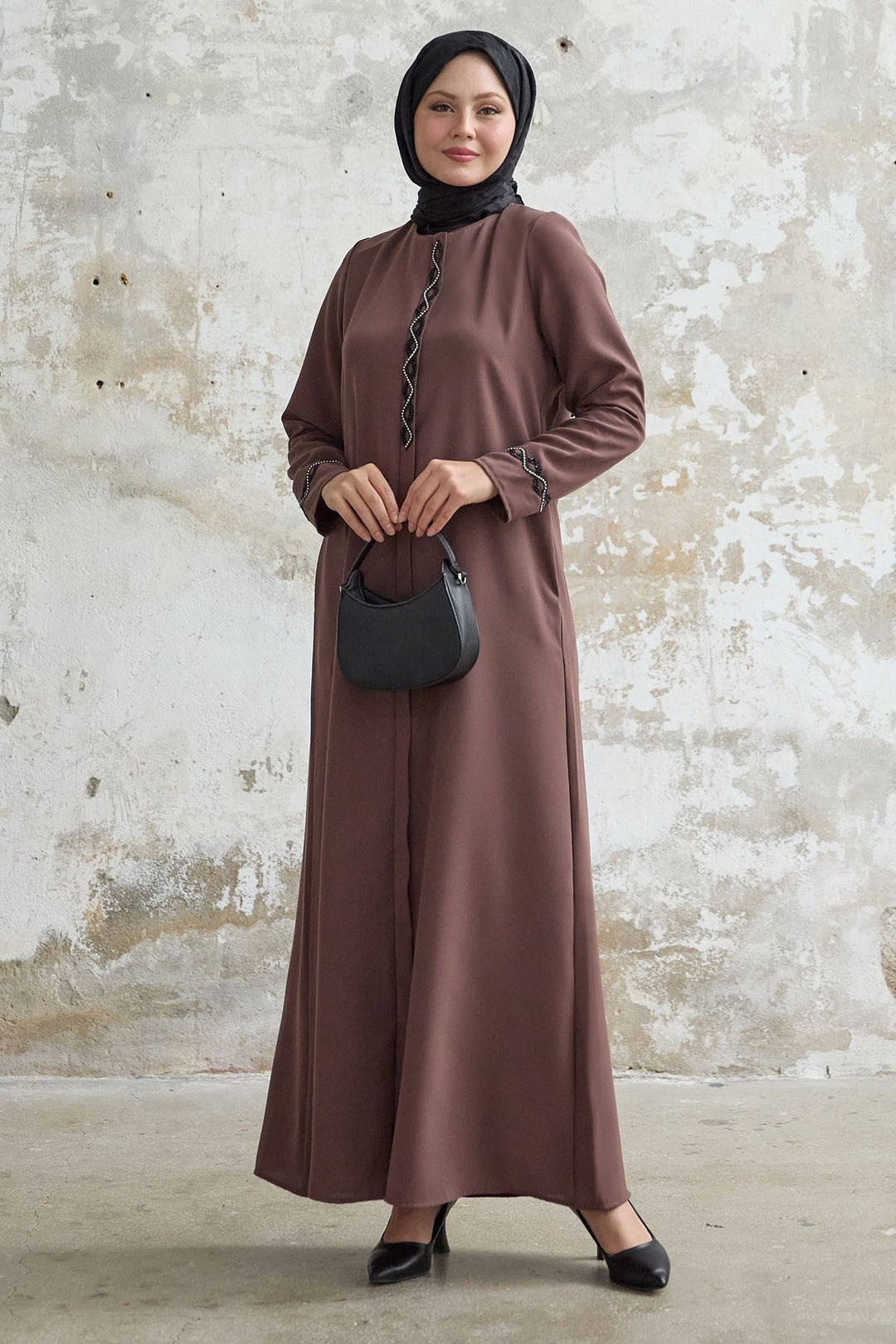 MDS Women Spiral Stone Detailed Honeycomb Brown Abaya - Andover