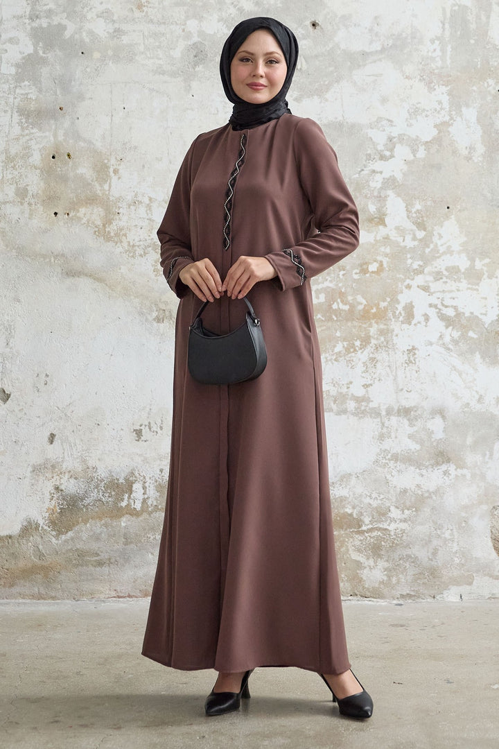 MDS Women Spiral Stone Detailed Honeycomb Brown Abaya - Andover