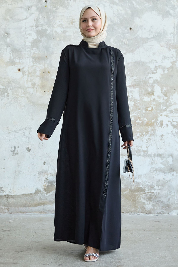 MDS Women Black Abaya with Neck and Front Scarf Embellished with Stones - Caltanissetta