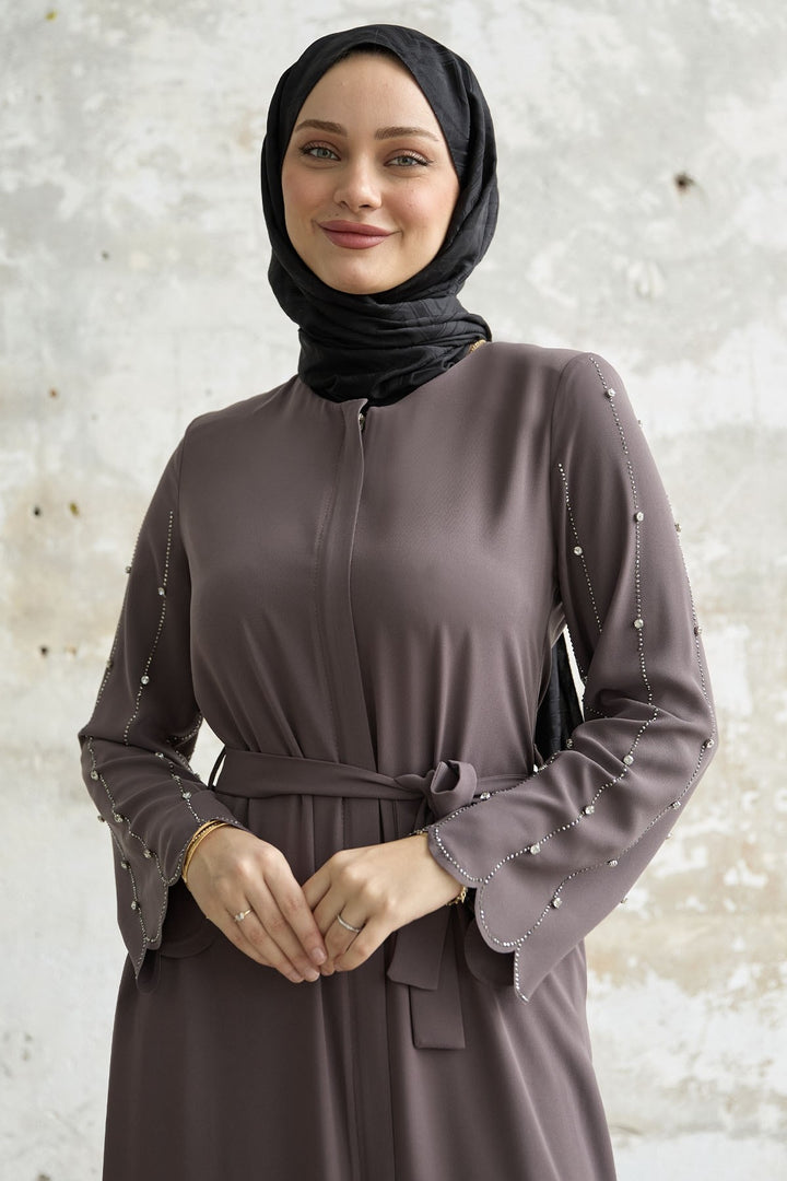 MDS Women Sleeves Stone Processing Abaya - Milky Coffee - Diamond Bar