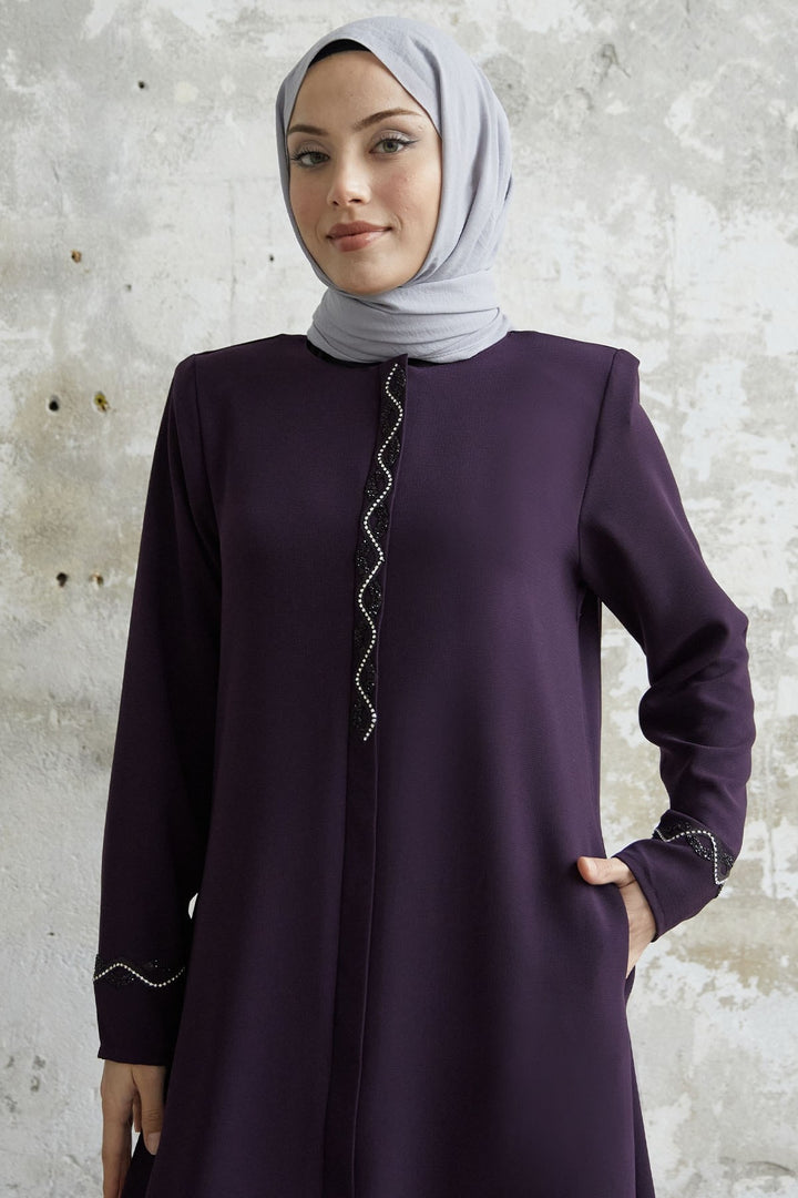 MDS Women Spiral Stone Detailed Honeycomb Abaya - Purple - Hildesheim