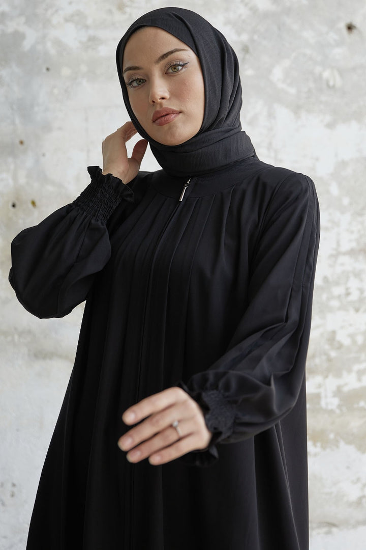 MDS Women Pleated Detail Ruched Abaya - Black - Liverpool