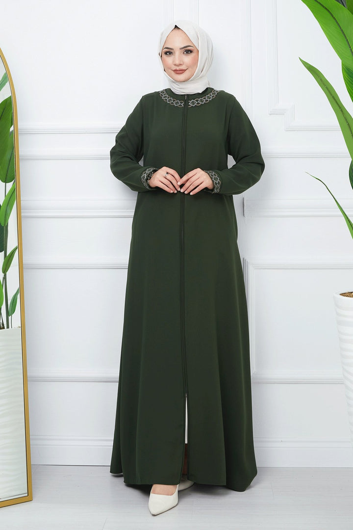 MDS Women Embroidered Pattern Honeycomb Fabric Abaya - Khaki - University City