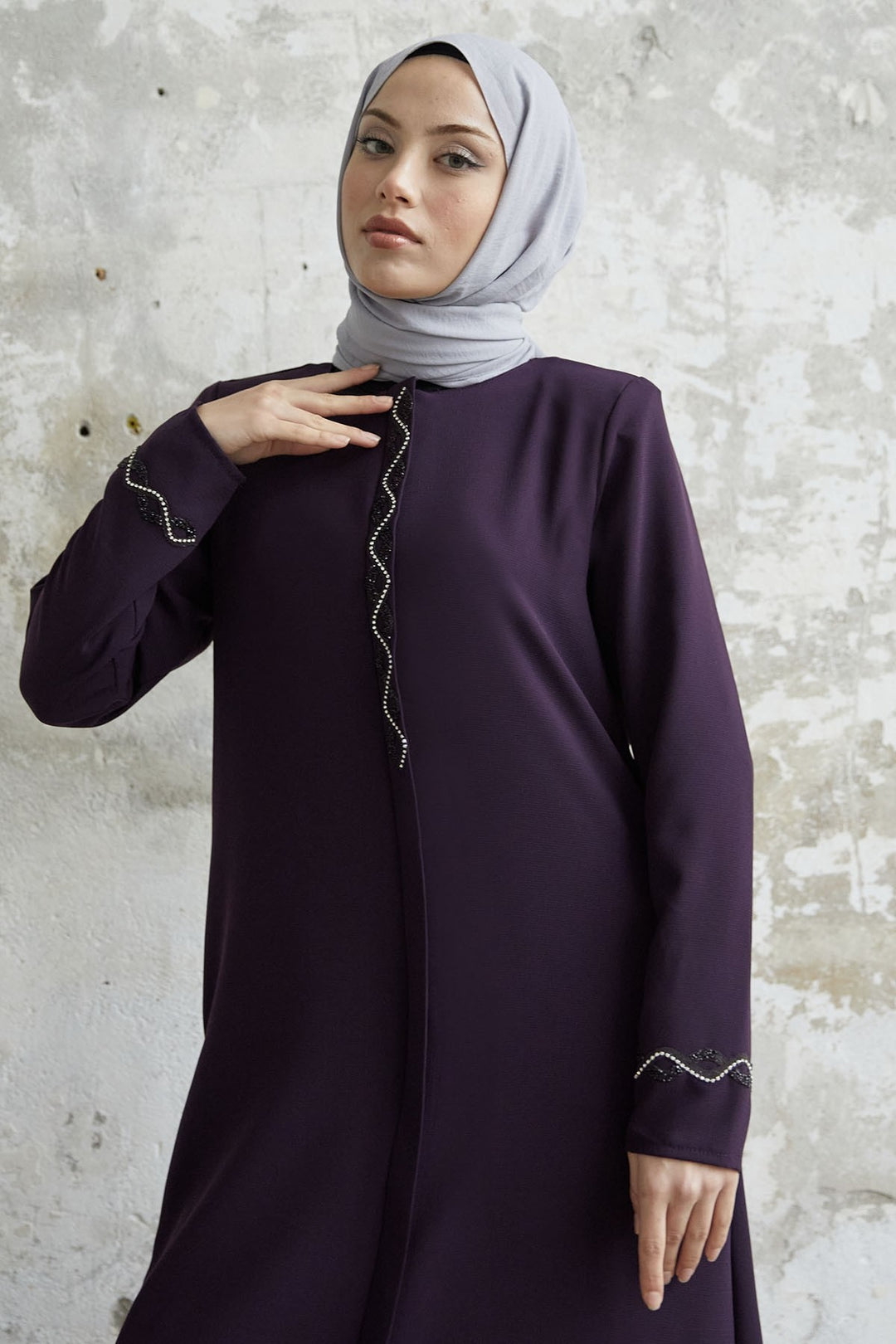MDS Women Spiral Stone Detailed Honeycomb Abaya - Purple - Hildesheim