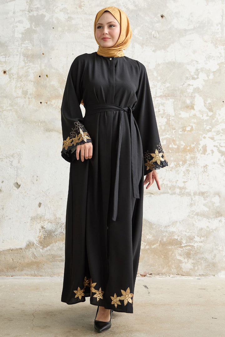 MDS Women Flower Stamp Detail Black Abaya - Schaumburg