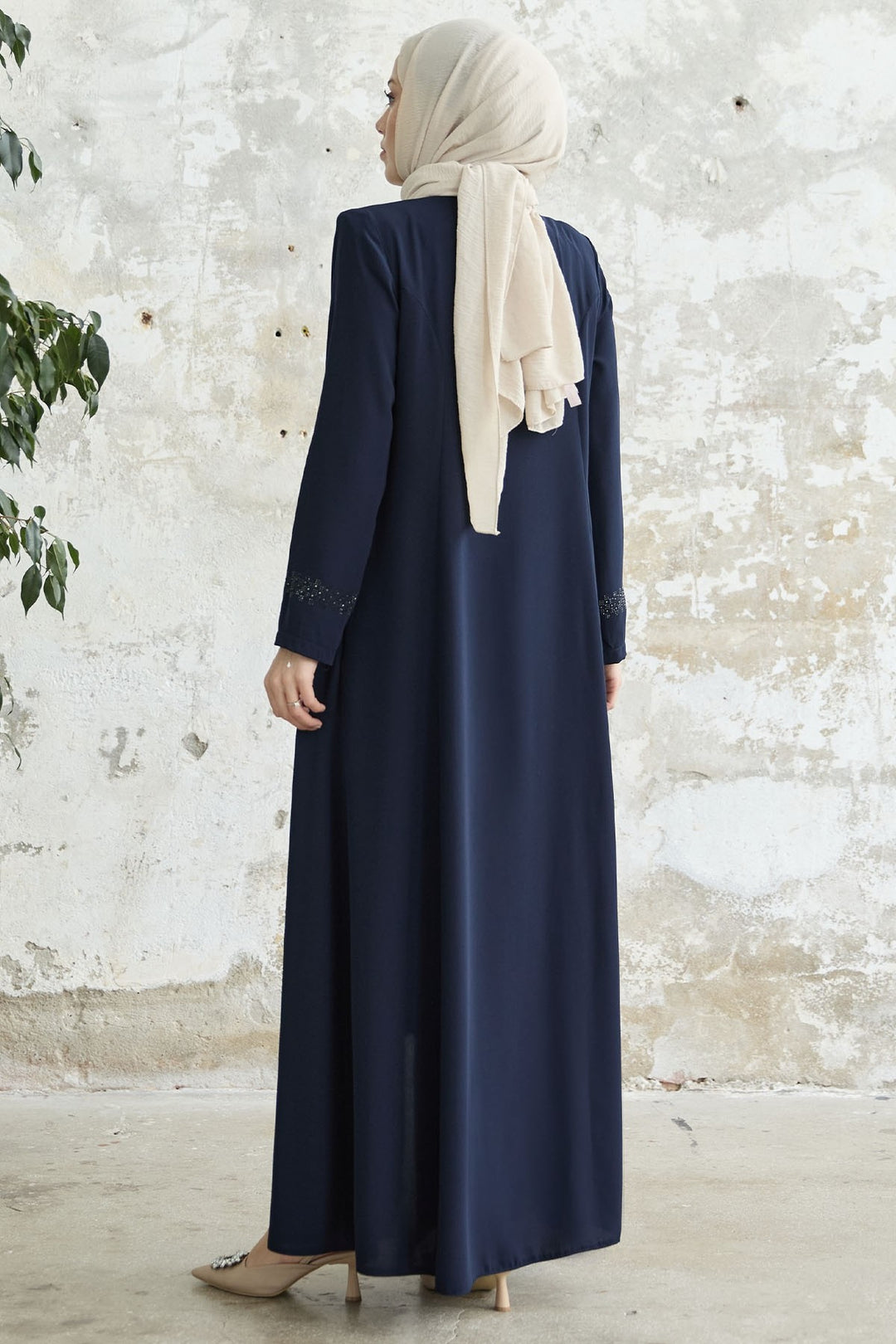 MDS Women Stone-embellished Abaya with Collar and Sleeves - Navy Blue - Herriman