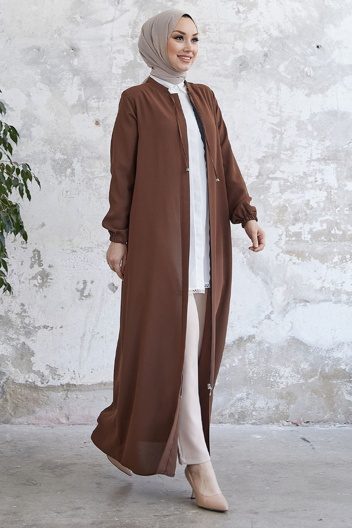 MDS Women Laced Hidden Button Abaya - Tan - Bucharest