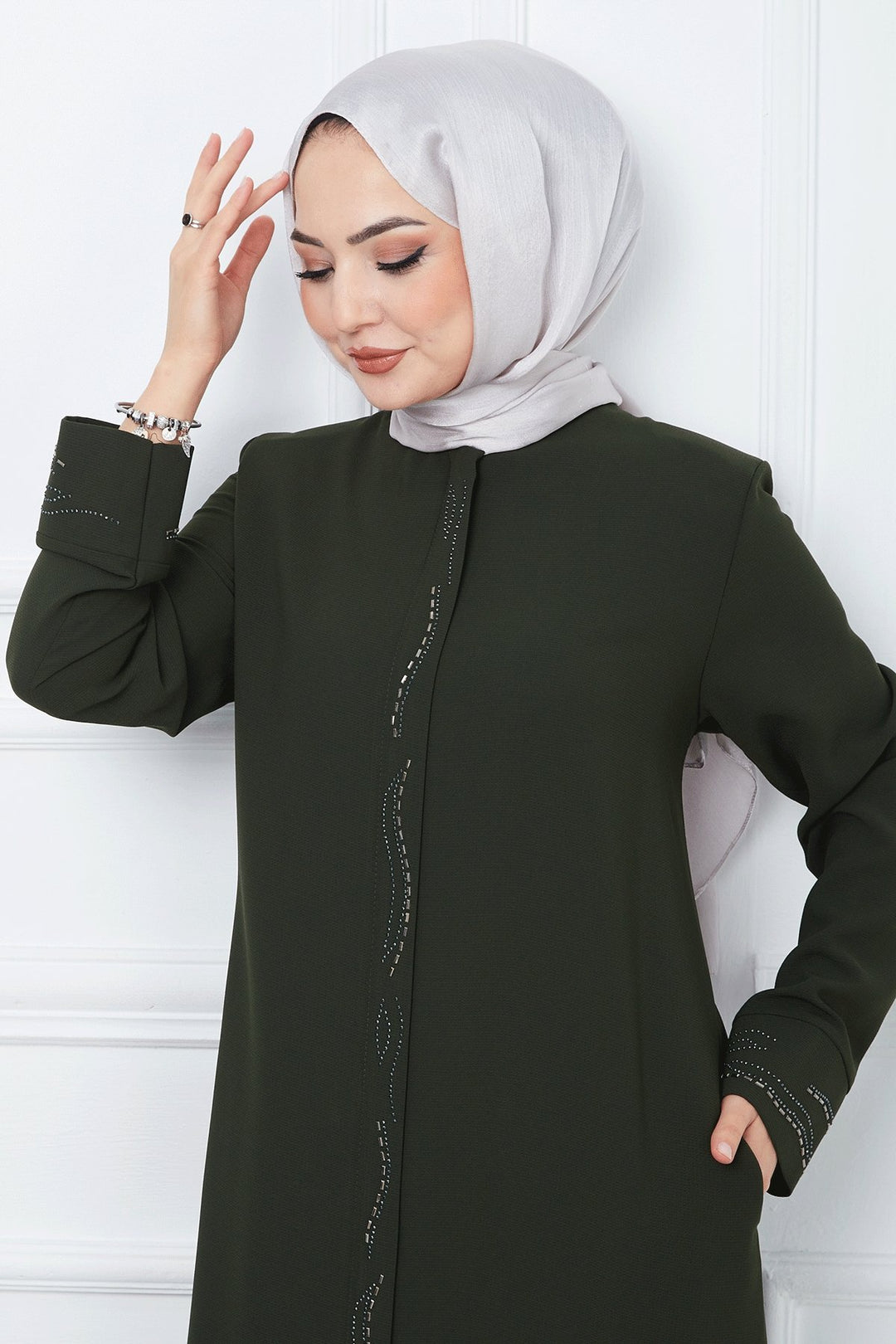 MDS Women Scattered Stone Honeycomb Abaya - Khaki - Detroit