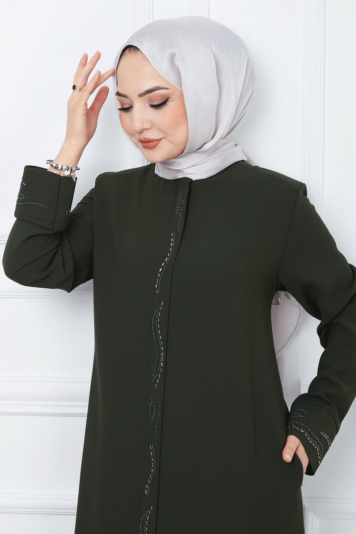 MDS Women Scattered Stone Honeycomb Abaya - Khaki - Detroit