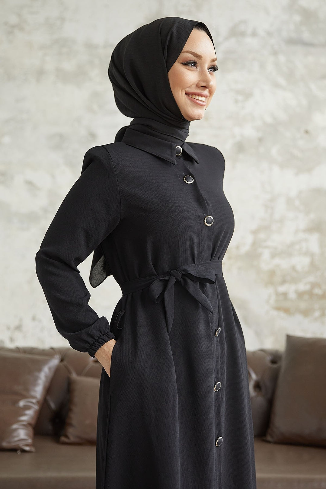 MDS Women Linny Buttoned Shirt Collar Abaya - Black - Pawtucket