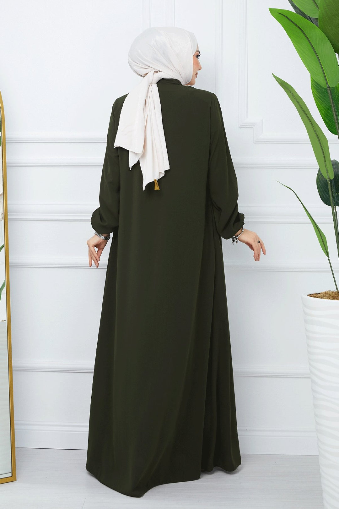 MDS Women Pleated Medina Silk Abaya - Khaki - Huelva