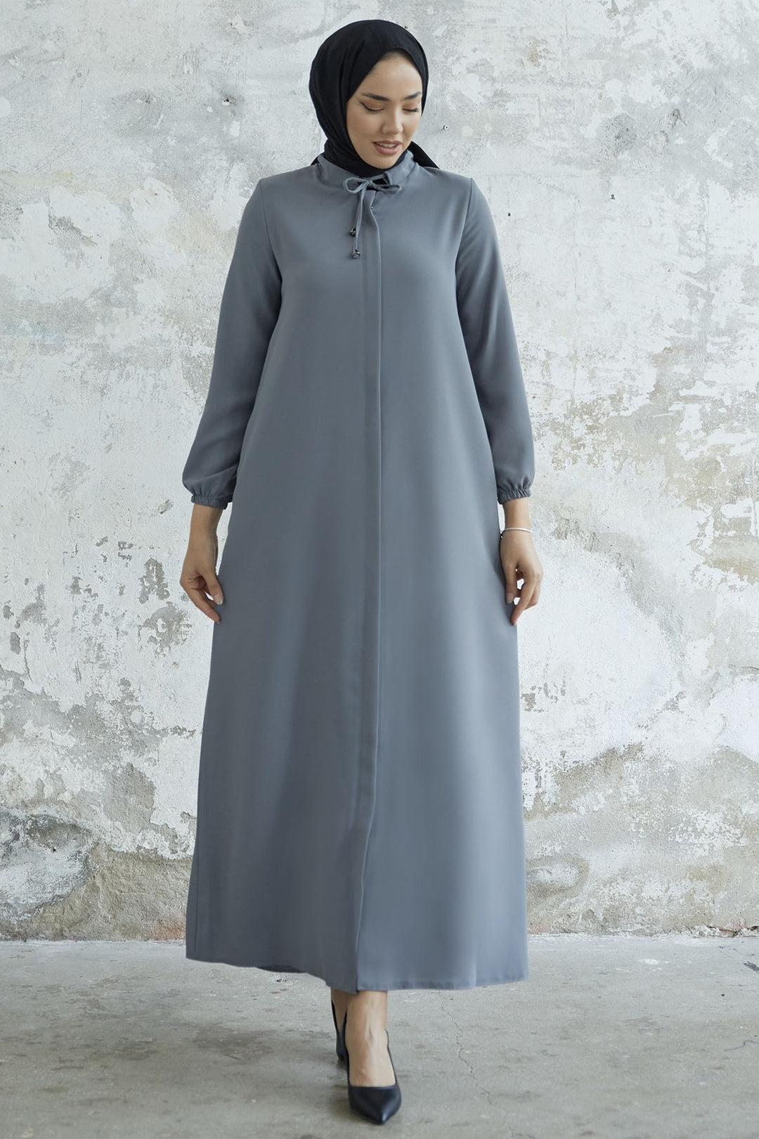 MDS Women Laced Hidden Button Abaya - Light Grey - Motril