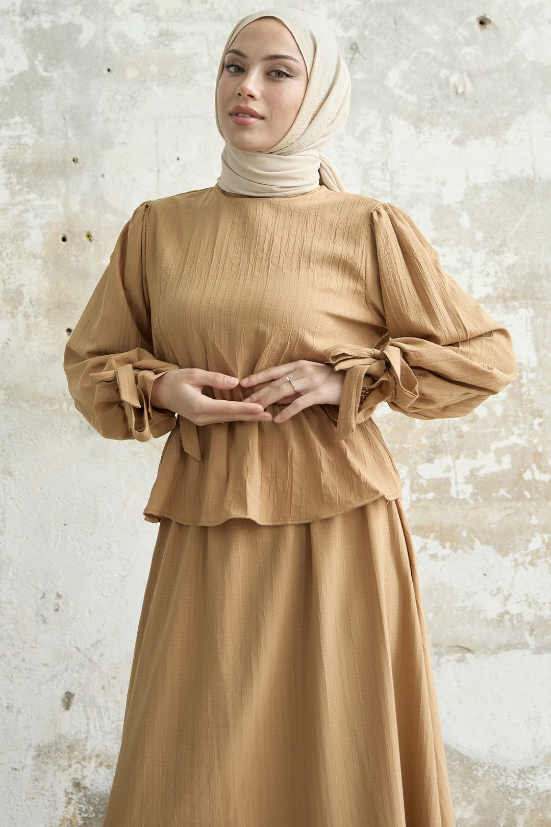 MDS Women Ruffle Detail Blouse Skirt Set - Camel - Waterbury