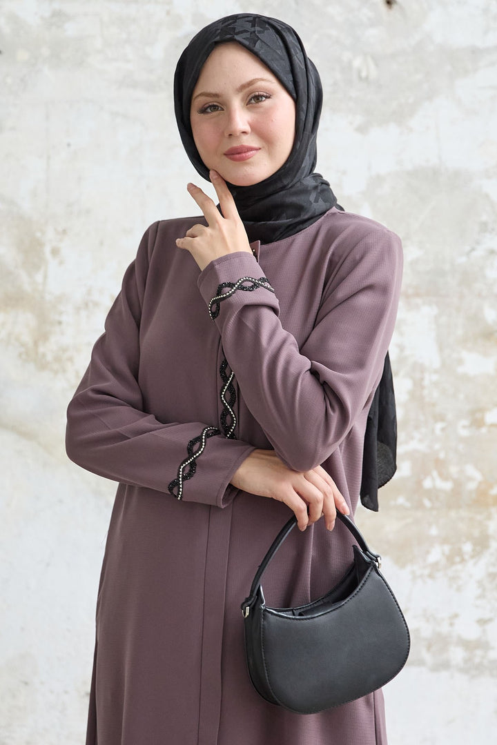 MDS Women Spiral Stone Detailed Honeycomb Rose Dry Abaya - Altadena