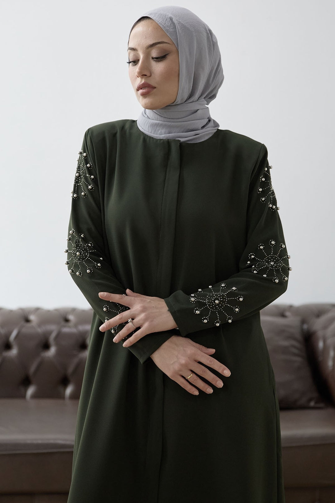 MDS Women Sleeves Pearl Stone Detail Abaya - Khaki - Coatzacoalcos