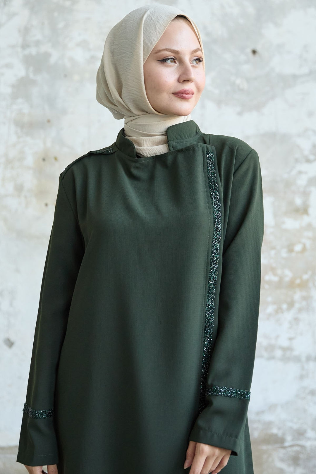 MDS Women Stone-embellished Khaki Abaya with Collar and Front Scarf - Inver Grove Heights